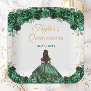 Assiettes En Carton Princesse Vert foncé Floral Quinceañera