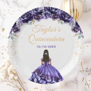 Assiettes En Carton Princesse violette foncée Floral Quinceañera