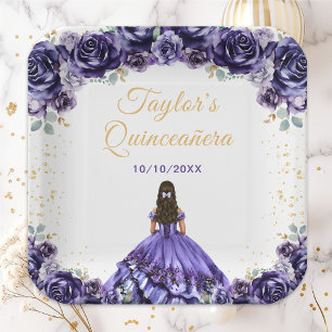 Assiettes En Carton Princesse violette foncée Floral Quinceañera