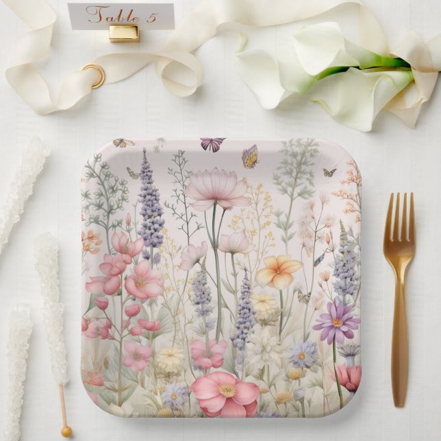 Assiettes En Carton Printemps Été Jardin Aquarelle Fleurs Papillon (Mariage)