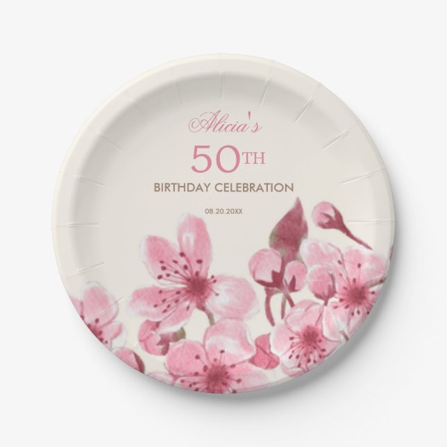 Assiettes En Carton Printemps Sakura Cherry Blossom Crème rose Anniver (Devant)