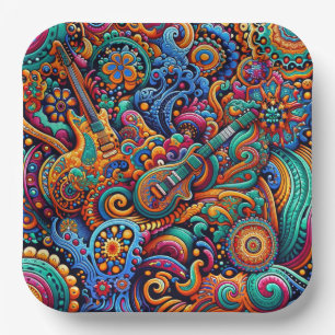 Assiettes En Carton Psychédélique Batik Guitare Art-Colorful Musique R
