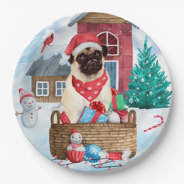 Assiettes En Carton Pug Dog In snow Christmas Dog House (Devant)