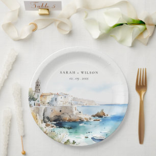 Assiettes En Carton Puglie, Italie Paysage aquarelle Mariage