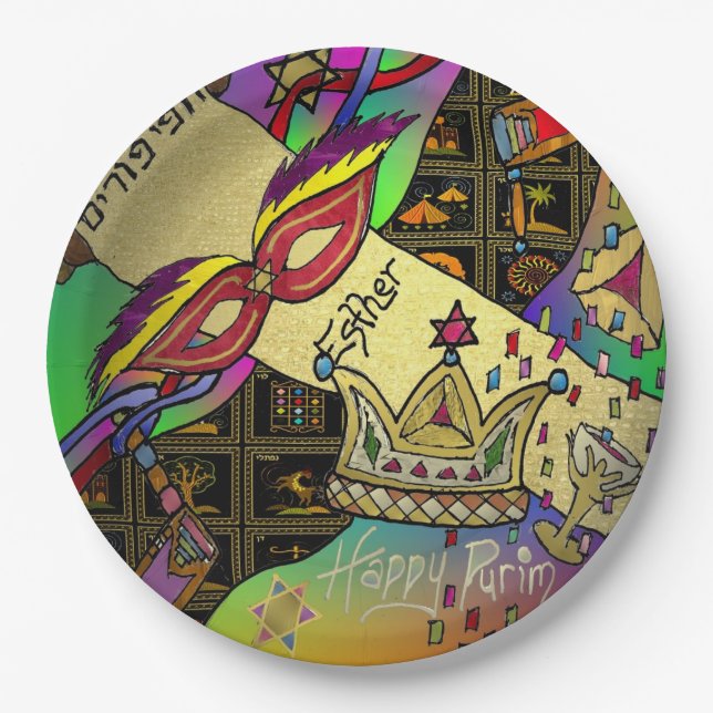 Assiettes En Carton Purim Esther Célébration Art Imprimer Plaque papie (Devant)