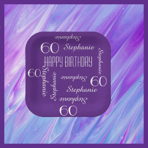 Assiettes En Carton Purple, 60e fête d'anniversaire répétée Nom Carré