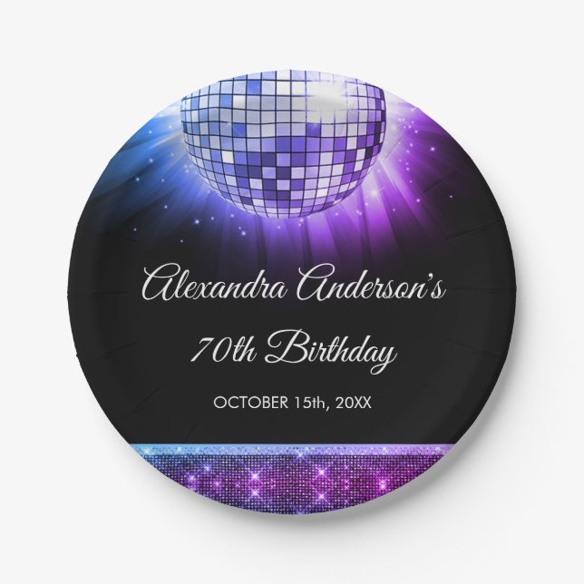 Assiettes En Carton Purple 70th Birthday Party 70's Disco Ball (Devant)