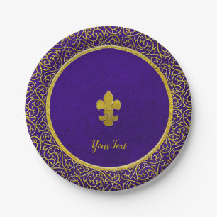 Assiettes En Carton Purple and Gold Fleur-de-lis Votre texte