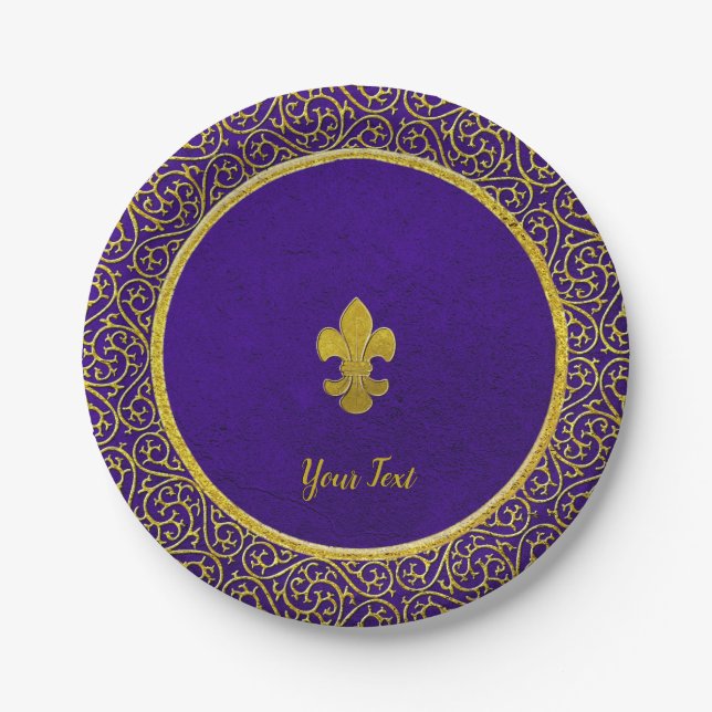 Assiettes En Carton Purple and Gold Fleur-de-lis Votre texte (Devant)