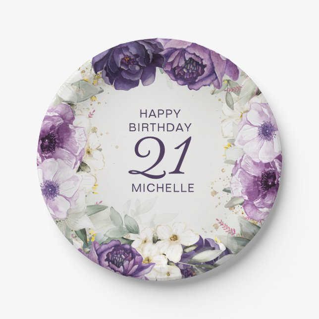Assiettes En Carton Purple Blanc Floral Joyeux Anniversaire Nom Âge (Devant)