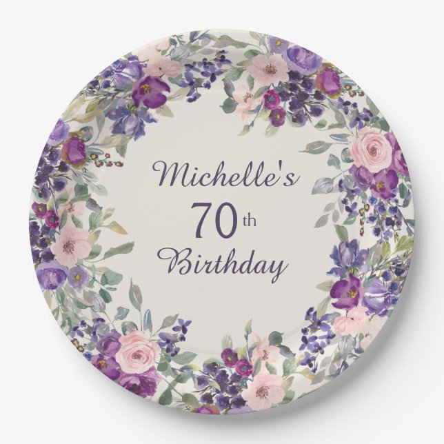 Assiettes En Carton Purple Blush Rose Floral Feuilles 70e anniversaire (Devant)