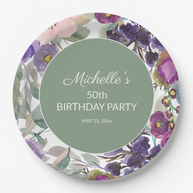 Assiettes En Carton Purple Blush rose floral Sage vert 50e anniversair (Devant)