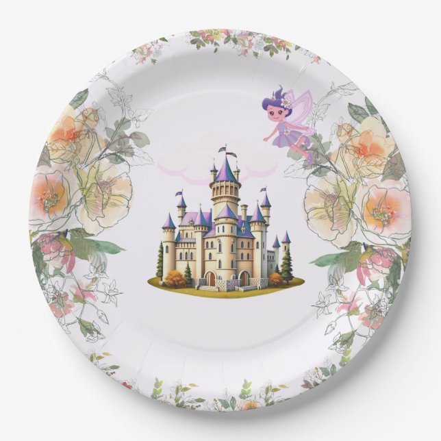 Assiettes En Carton Purple Castle Fairytale Anniversaire Thème avec Fa (Devant)