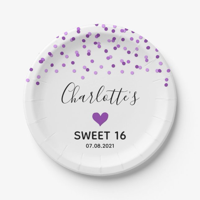 Assiettes En Carton Purple Confetti Sweet 16 Anniversaire (Devant)