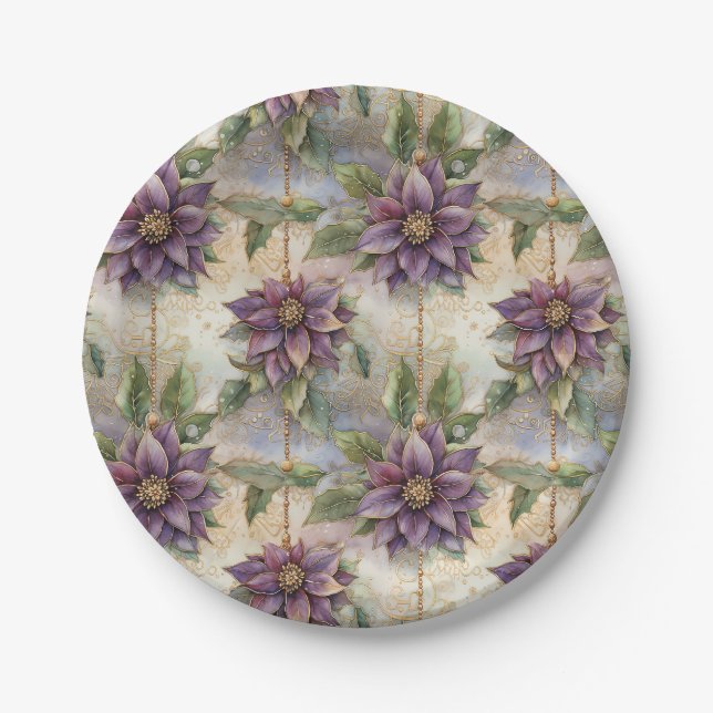 Assiettes En Carton Purple Elegance Luxe Poinsettia & Holly Christmas (Devant)