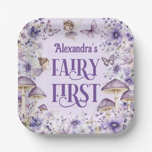 Assiettes En Carton Purple Floral Fairy First Birthday Square  (Recto)
