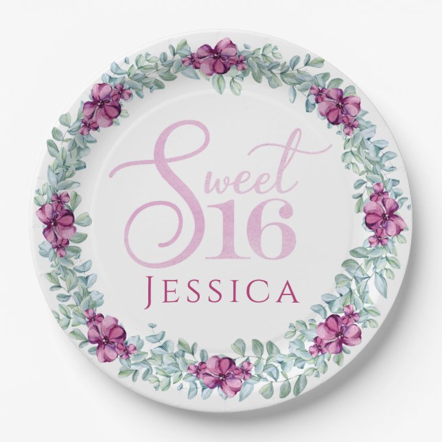 Assiettes En Carton Purple Floral Sweet 16 (Devant)