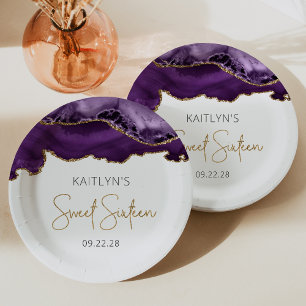 Assiettes En Carton Purple Gold Agate Sweet 16 Anniversaire fête