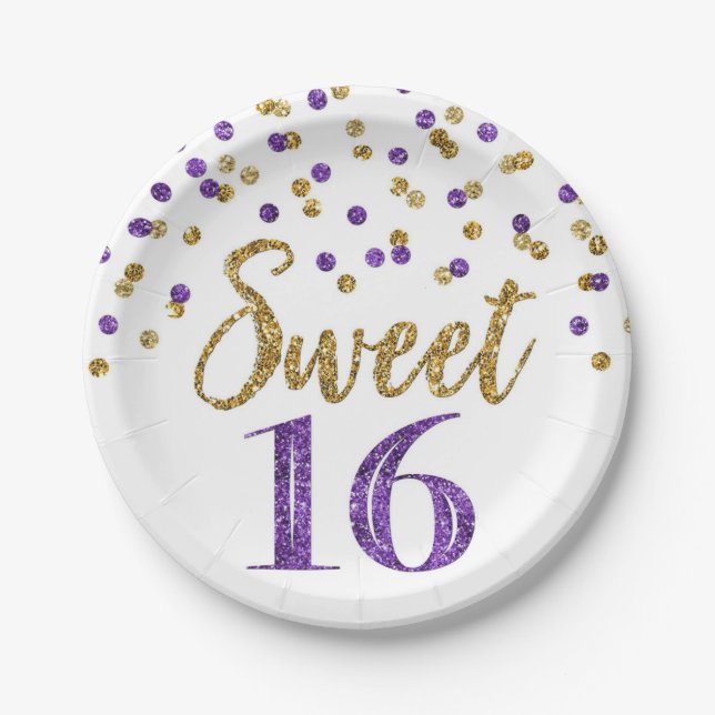 Assiettes En Carton Purple Gold Confetti Sweet 16 Anniversaire (Devant)