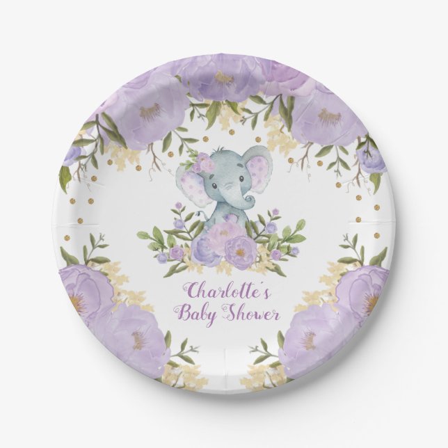 Assiettes En Carton Purple Gold Floral Elephant Baby Girl Douche Party (Devant)