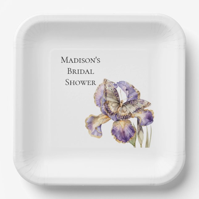 Assiettes En Carton Purple Gold Iris Floral Butterfly Fête des mariées (Recto)