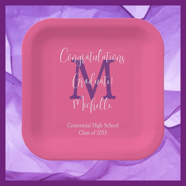 Assiettes En Carton Purple Grey Blanc Monogrammé Parti de Graduation (Créateur téléchargé)