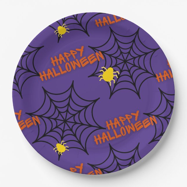 Assiettes En Carton Purple Happy Halloween Spider Web (Devant)