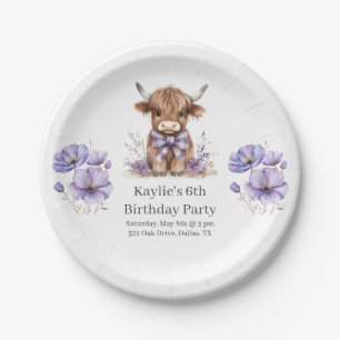 Assiettes En Carton Purple Highland Cow fête d'anniversaire