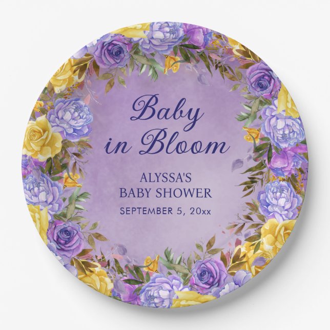 Assiettes En Carton Purple Jaune Floral Baby en fleurs douche (Devant)