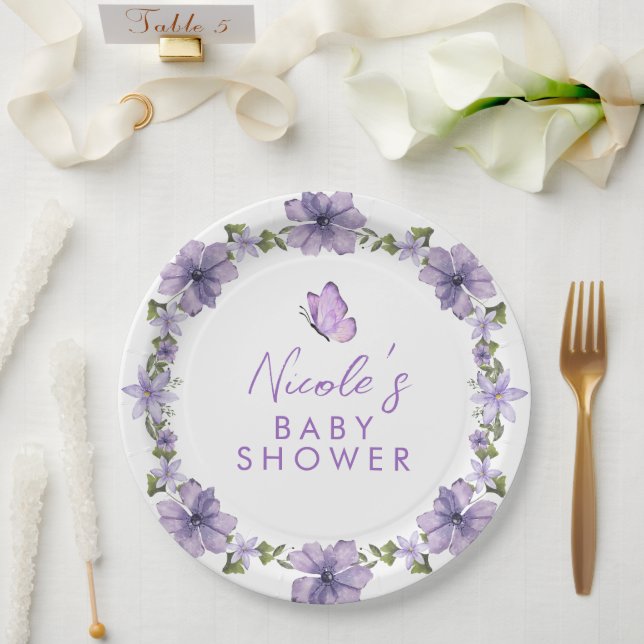 Assiettes En Carton Purple Papillons Aquarelle Fleur sauvage Baby Show (Mariage)