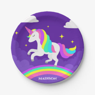 Assiettes En Carton Purple Rainbow Unicorn Party Nom personnalisé