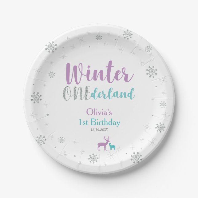 Assiettes En Carton Purple & Turquoise, Winter Wonderland fête d'anniv (Devant)