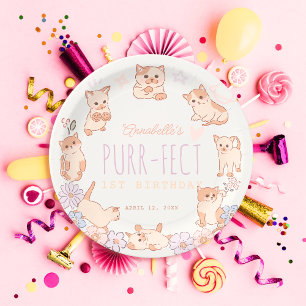 Assiettes En Carton Purr-fect Cute Cats Floral Girl 1er anniversaire