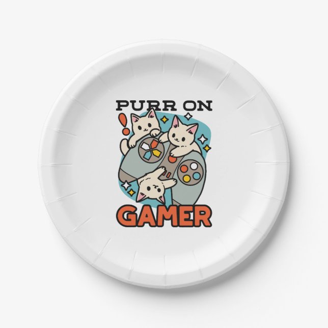 Assiettes En Carton Purr On Gamer - Conception De Jeu De Chat Cute (Devant)