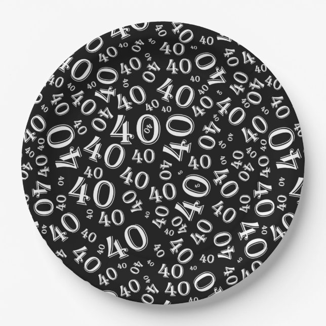 Assiettes En Carton quarantième Motif de nombre d'anniversaire noir et (Devant)