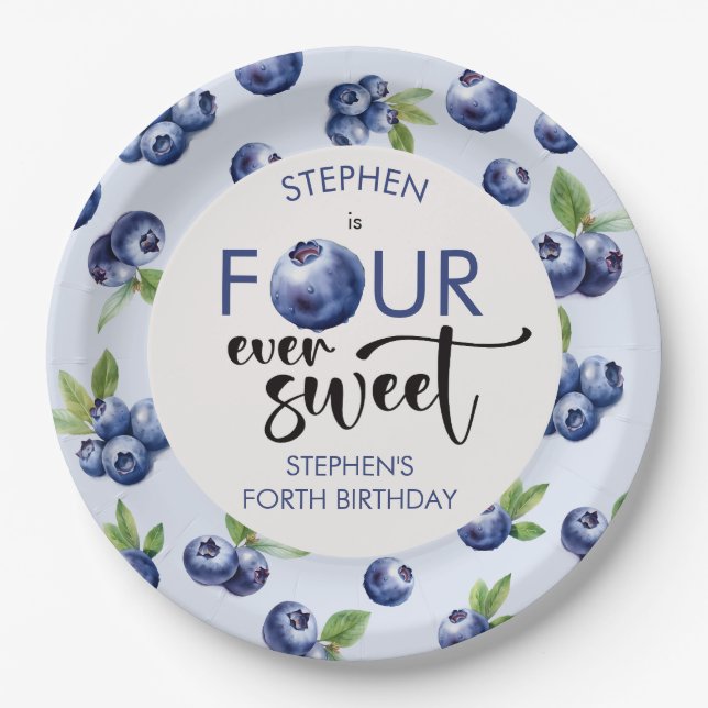 Assiettes En Carton Quatre anniversaire de enfant de bleuets toujours  (Devant)