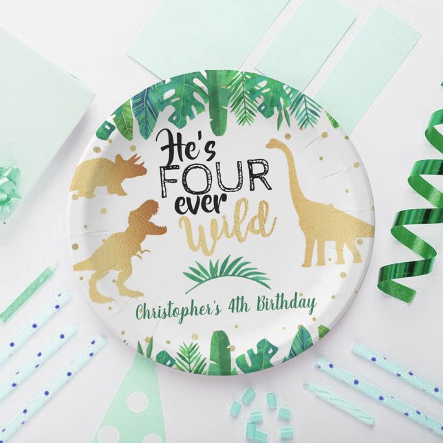 Assiettes En Carton Quatre Dinosaures Sauvages Boys 4e anniversaire (Créateur téléchargé)