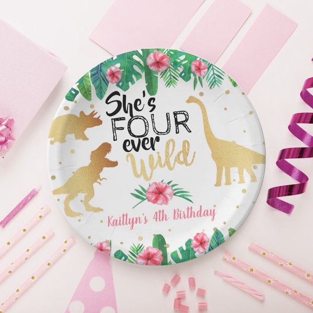 Assiettes En Carton Quatre filles dinosaures sauvages de tous les jour (Créateur téléchargé)