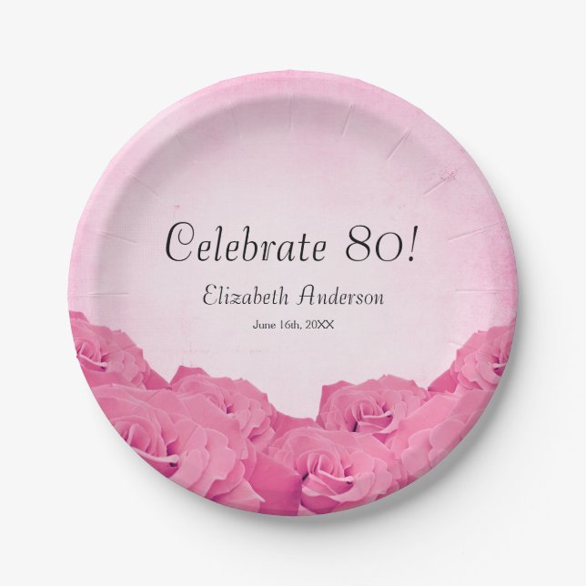 Assiettes En Carton Quatre-vingtième fête d'anniversaire de roses (Devant)