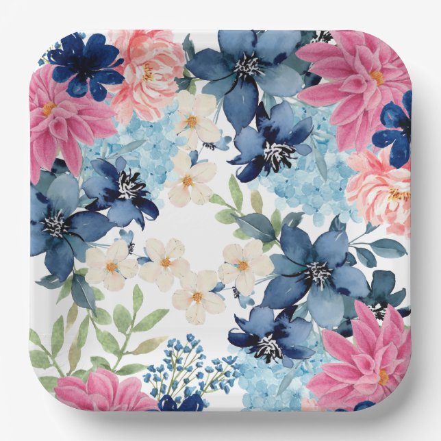 Assiettes En Carton Quelque chose bleu Aquarelle Floral douche nuptial (Recto)