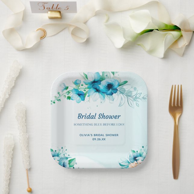 Assiettes En Carton Quelque Chose de Bleu Fleurs Aquarelle Shower de M (Mariage)