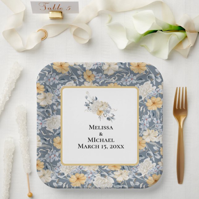 ASSIETTES EN CARTON QUELQUE CHOSE DE MODÈLE FLORAL BLEU (Mariage)