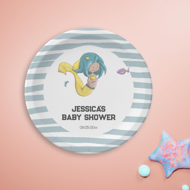 Assiettes En Carton Queue de sirène jaune Baby shower de sirène encein (Cute Pregnant Mermaid Baby Shower Party Paper Plates by Kinda Cute by Patricia Alvarez)