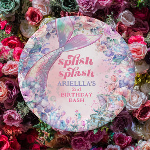 Assiettes En Carton Queue de sirène pailletée de fleurs pour 2e annive