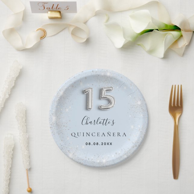 Assiettes En Carton Quinceanera bébé bleu argent parties scintillant p (Mariage)