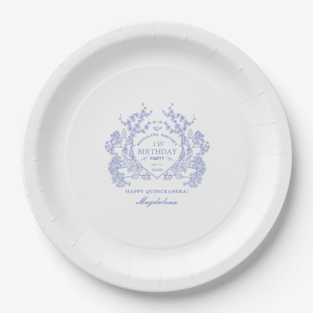 Assiettes En Carton Quinceanera bleu français Floral Crest Custom (Devant)