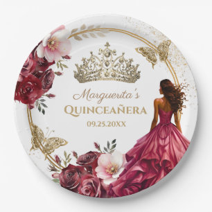 Assiettes En Carton Quinceañera Burgundy Blush Gold Floral Princess