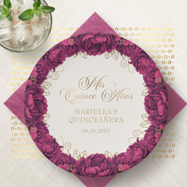 Assiettes En Carton Quinceanera florale de Bourgogne (Créateur téléchargé)