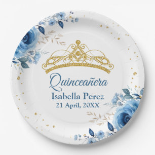 Assiettes En Carton Quinceanera Gold Tiara Parties scintillant et Blue