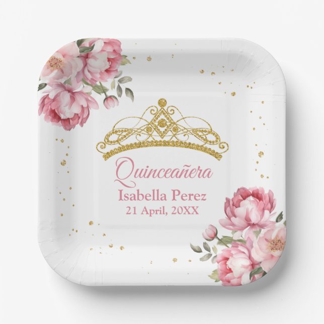 Assiettes En Carton Quinceanera Gold Tiara Parties scintillant et rose (Recto)